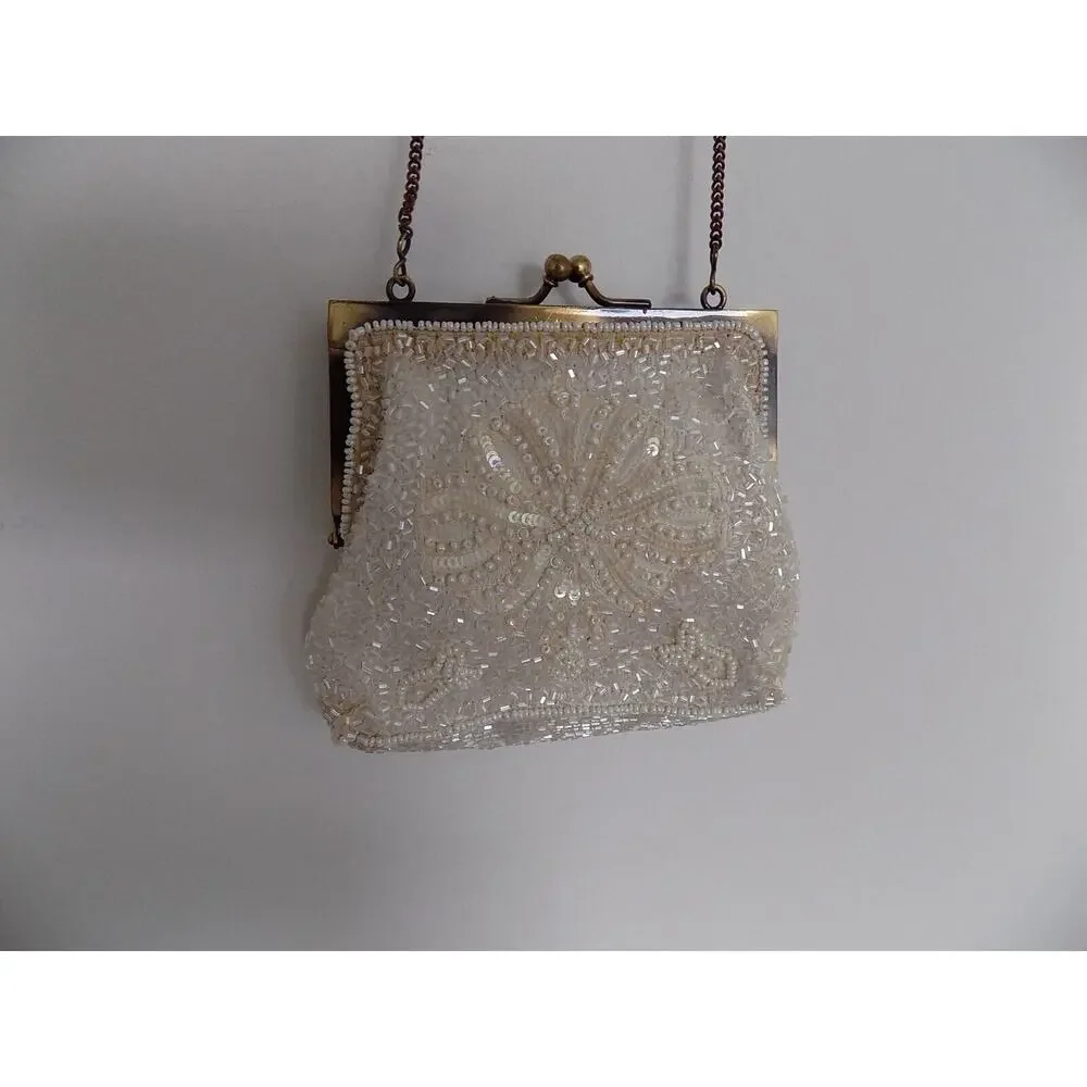 Beaded evening bag shoulder bag cream beads
